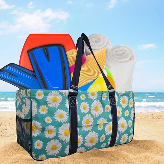 NGIL Extra Large Utility Tote Reusable Grocery Organizing Bag Oversized Collapsible for Storage, Picnic,Car, Beach (Daisy Print-navy)