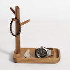 Solid Acacia Wood Key Tray and Bowl for Entryway Table - Jewelry Tray With 3 Hooks, Open Storage for Wallet, Glasses, Watches