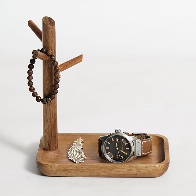 Solid Acacia Wood Key Tray and Bowl for Entryway Table - Jewelry Tray With 3 Hooks, Open Storage for Wallet, Glasses, Watches