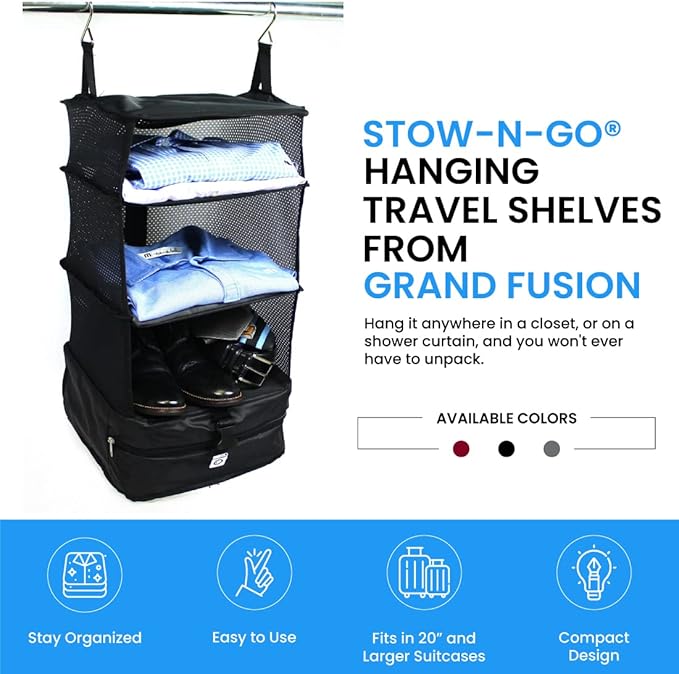 Grand Fusion Stow-N-Go Packing Organizer for Luggage, Portable Hanging Travel Shelves, Carry-On Closet, Hanging Packing Cubes