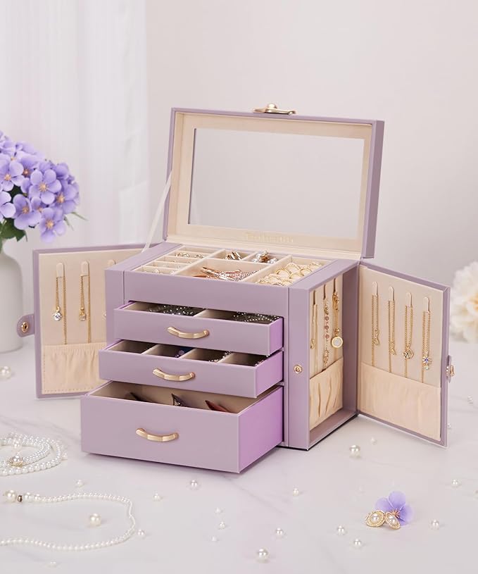 Enthralite Jewelry Box with 3 Drawers: Display Organizer for Earrings Necklaces - Gifts for Girls Women (Grey Purple)