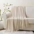 BATTILO HOME Beige Throw Blanket for Couch, Soft Chenille Knit Throws with Tassels for Home Decor, Spring Beige Throws for Co