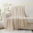 BATTILO HOME Beige Throw Blanket for Couch, Soft Chenille Knit Throws with Tassels for Home Decor, Spring Beige Throws for Co