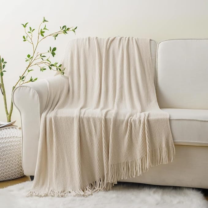 BATTILO HOME Beige Throw Blanket for Couch, Soft Chenille Knit Throws with Tassels for Home Decor, Spring Beige Throws for Co