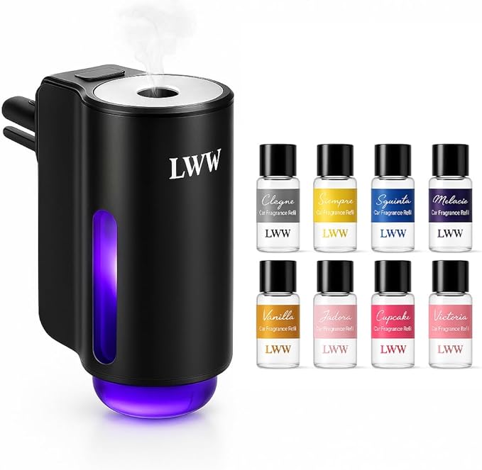 LWW Smart Car Air Freshener - 3 Levels Strength with Ventilation Clip, Rechargeable Car Fragrance Atomizer - with 8 10ml Bott