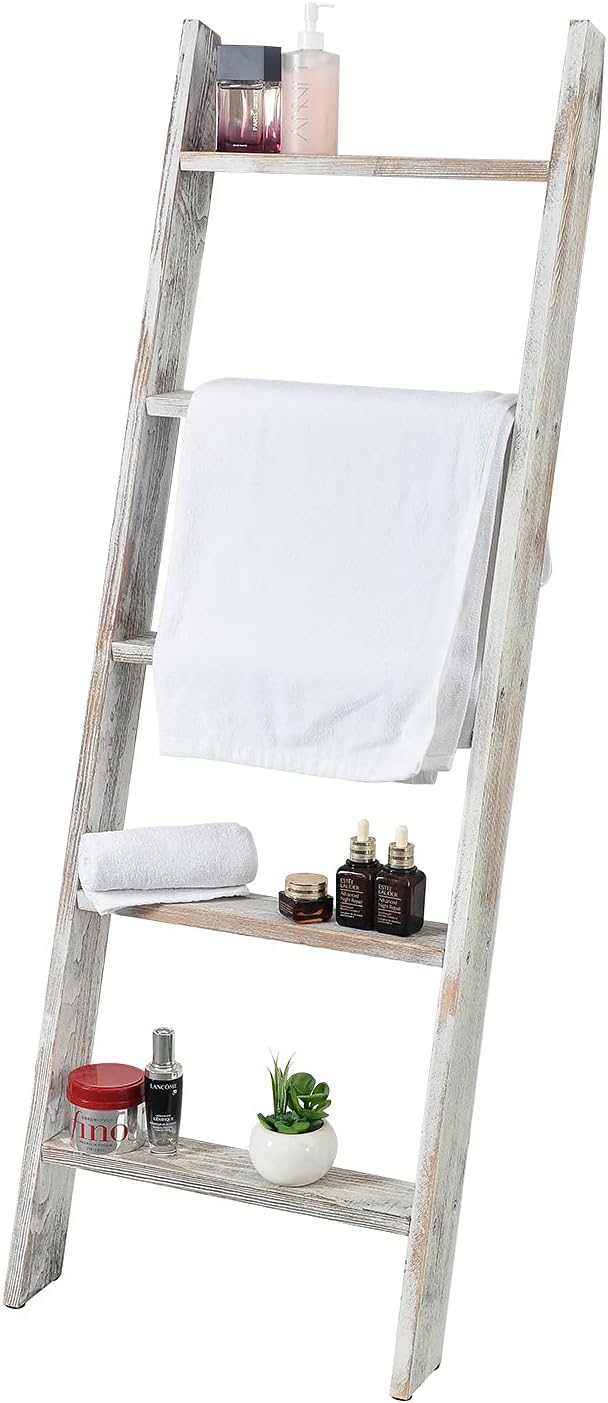 Rustic 5-Tier Wall-Leaning Wood Loadder Towel Racks for Bathroom Livingroom Kithen Office Woden Farmhouse Ladder-Style Blanke