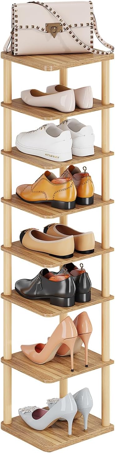 LUCKNOCK Vertical Shoe Rack, 8-Tier Tall Narrow Shoe Organizer for Entryway, Closet, Dorm & Small Spaces, Freestanding Wooden