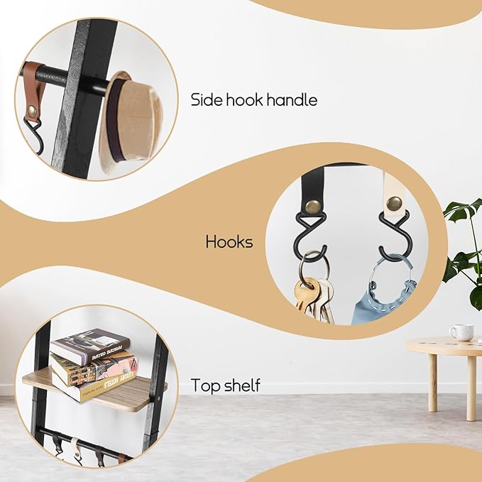 Wooden Ladder with Shelf for Decor, 6-Tier Decor Ladder with Non-Slip Mat & Hooks, Farmhouse Style Leaning Wall Display Holde