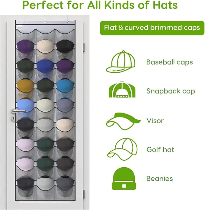 Unjumbly Baseball Hat Rack, 27 Pocket Over-The-Door Hat Organizer with Clear Deep Pockets to Display Baseball Caps Collection