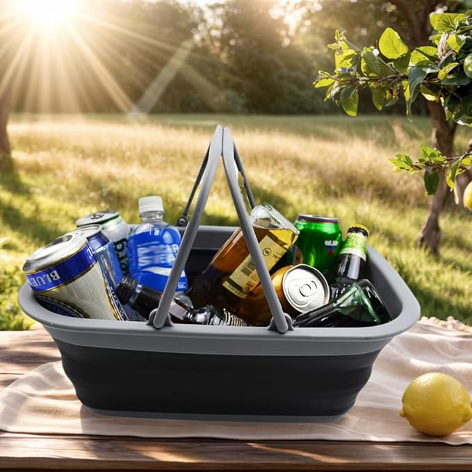 SAMMART Collapsible Washing Tub with Handles 9.2L (2.37Gallon) - Portable Outdoor Picnic Basket/Crate - Foldable Space Saving Storage Container for Dishing, Camping & Home (1, Dark Grey/Black)
