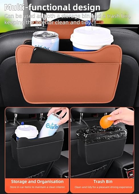 Car Leather Trash Can for Headrest, Hanging Garbage Bin, Waterproof Foldable Stroage Organizer for Car, Multipurpose Interior Accessories for SUV Truck RV Camping (White Seat headrest)