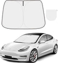 300T Sunshade for Tesla Model Y Model 3, Car Accessories 2026 for Tesla, Front Window Sunshade with Organizer Bag, Gifts for Tesla Owners