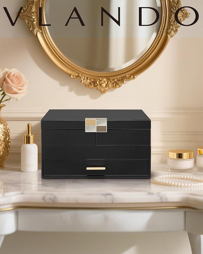 Vlando 3 Layer Jewelry Box - Women Jewelry Box with Retractable Tray - Jewelry Organizers with Drawer for Necklaces, Rings, B