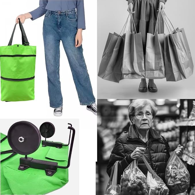 Collapsible Shopping Grocery Bag With Wheels Rolling Tote Bag With Wheels Large Reusable Shopping Bags Foldable Cart(Green,Large)