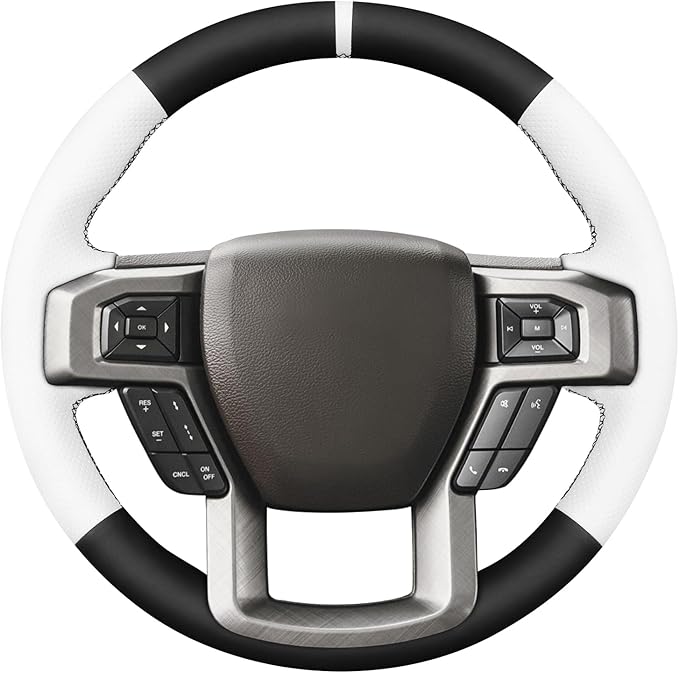 MEWANT Hand Sewn Black White Artifcial Leather Steering Wheel Cover Wrap for Ford F150 F250 F350 Expedition 2018-2021