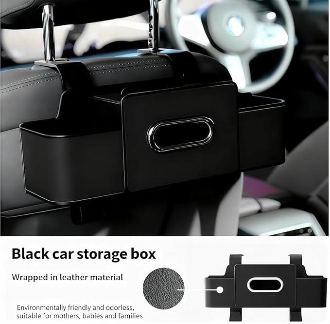 Back Seat Car Organizer, 4-in-1 Multifunctional Storage Box with Cup Holder & Tissue Holder, Premium Leather Adjustable Seat Back Organizer for Phone, Snacks, Purse for SUV Minivan Travel (Black)