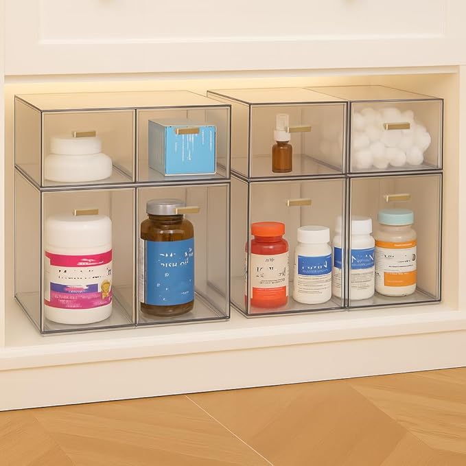 LALOBLUE Clear Stackable Drawer Organizer, 4 Pack Acrylic Storage Drawers with Pull-Out Design, Space-Saving Organizer for Ba
