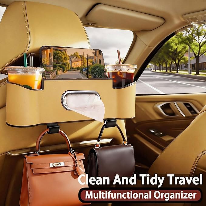 Car Backseat Organizer for Kids & Travelers - 4 in 1 Multifunctional Car Seat Back Storage with Cup Holder, Tissue Box, Snack/Handbag Holder - Nappa Leather Universal Fit for SUV/Van/Sedan (Beige)