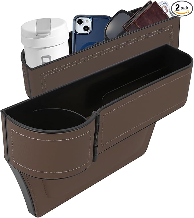 Car Seat Gap Filler Organizer, Multifunctional Car Seat Organizer with Adjustable Cup Holder, Leather Car Seat Gap Storage Box for Holding Phones, Coins, Cards, Keys, Pens (Brown)