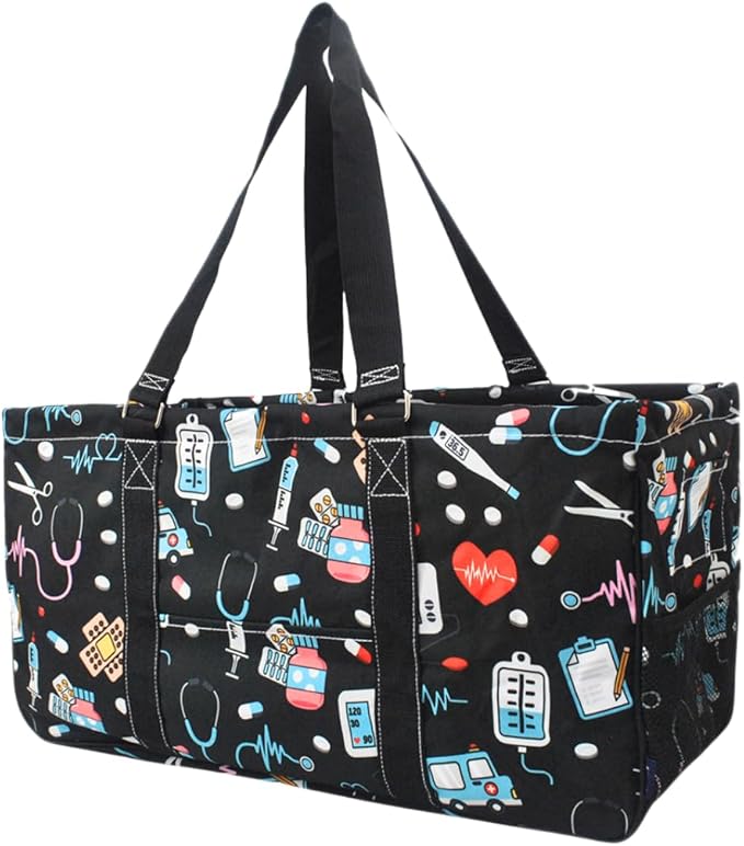 NGIL Extra Large Utility Tote Reusable Grocery Bag Oversized Collapsible for Groceries, Storage, Picnic, Beach (Nurse Print-Black)