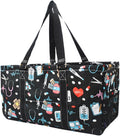 NGIL Extra Large Utility Tote Reusable Grocery Bag Oversized Collapsible for Groceries, Storage, Picnic, Beach (Nurse Print-Black)