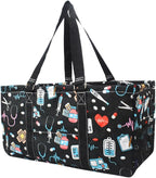 NGIL Extra Large Utility Tote Reusable Grocery Bag Oversized Collapsible for Groceries, Storage, Picnic, Beach (Nurse Print-Black)