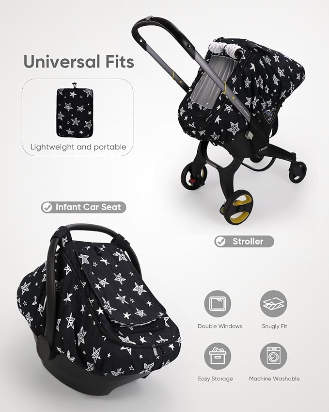 Car Seat Cover Baby Boy, Infant Car Seat Canopy Outdoor, 2 Layers with Mesh and Sun Shade Window for Summer Winter, Easy Acce