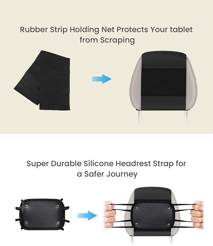 WONNIE Tablet Holder for Car, Upgraded iPad Holder for Car Mount Headrest, iPad Mount Back Seat for Kids with Anti-Slip Strap, Silicone Holding Net/Fits All 7-12.9'' Tablets