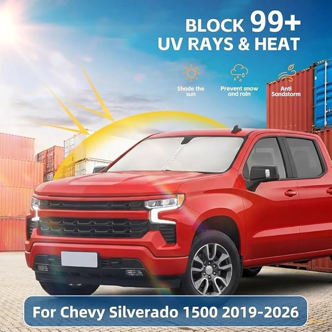 Windshield Sun Shade for Chevrolet/Chevy Silverado 1500 2019-2024 2025 2026 Front Window Shade Custom Fit Silverado Regular Cab, Crew Cab, Double Cab Sun Visor Foldable Shade Blocks UV Rays