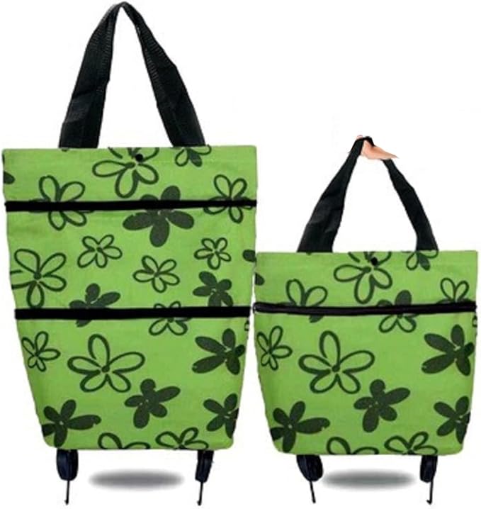 Reusable Grocery Bags with Waterproof Coating and Folding Wheels - Foldable Tote Bags for Shopping, Multi-Purpose Storage for Groceries（Green Flower）