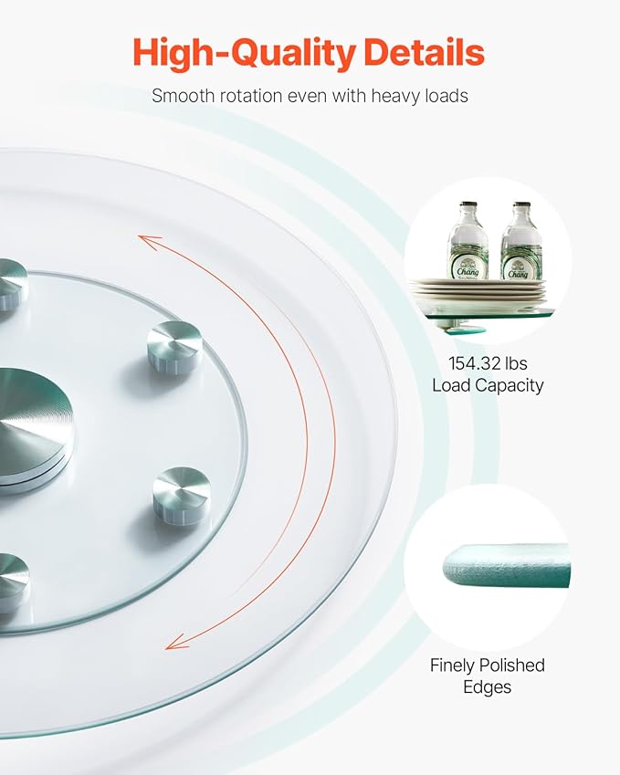 VEVOR 24 in Glass Lazy Susan Turntable, Tempered Glass Dining Table Centerpiece with 6 Rotating Wheels, 360° Smooth and Silen
