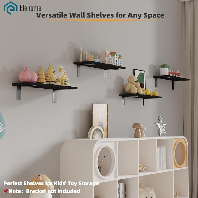 Floating Shelf Board for Wall 5/8" – No Brackets – 24" L x 8" W x 0.6" T Black Melamine Wood Floating Shelves for Bathroom, K