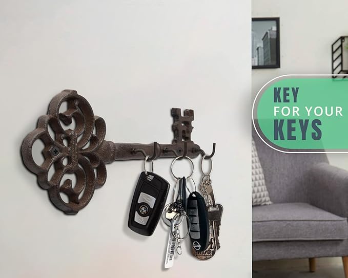 Comfify Cast Iron Skeleton Key Holder for Wall - Decorative Farmhouse Rustic Wall Mount Key Organizer - 3 Key Hooks - Vintage