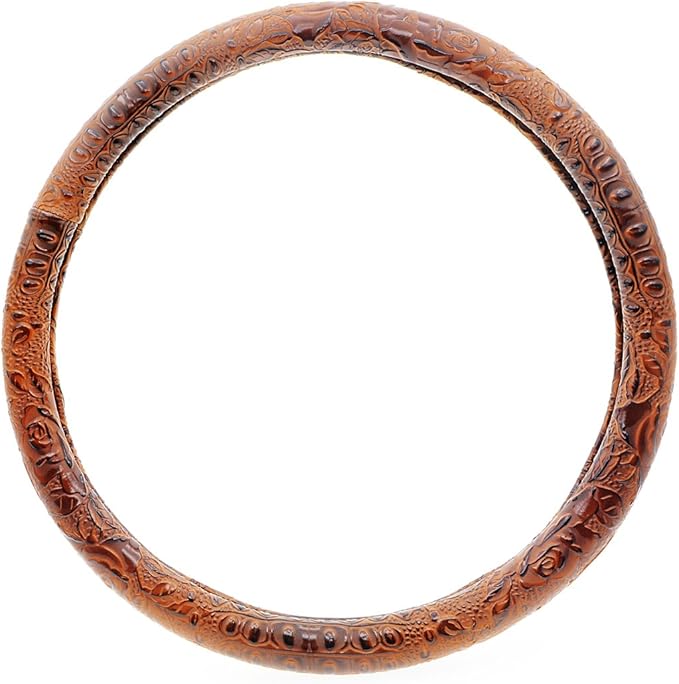 Car Steering Wheel Cover Universal 15 inch Auto Antislip Leather Protector Flower Grain Brown