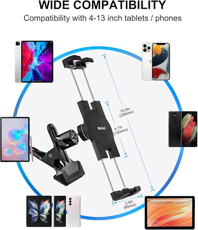 woleyi Sun Visor Car Tablet Holder, Visor Clip Tablet Mount for Car, 360° Rotation Universal Steering Wheel Tablets Clamp with 1/4'' Screw for iPad Pro Air Mini, Phone, Switch, 4.7-13" Devices/Camera