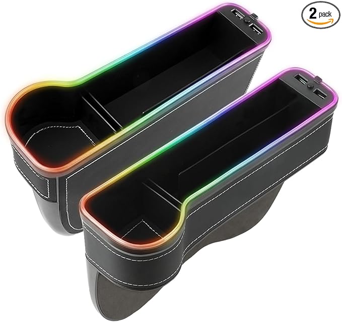 2 Pack Car Seat Gap Organizer Filler Multifunctional Seat Gap Storage Box with USB Fast Charger Car Seat Pockets with Led Light Car Seat Gap Filler with Cup Holder
