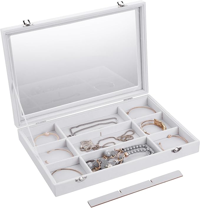 Frebeauty Velvet Jewelry Tray,12 Grid Jewelry Organizer with Clear Lid,Bracelets Holder,Jewelry Display Case with Clasp,Drawe