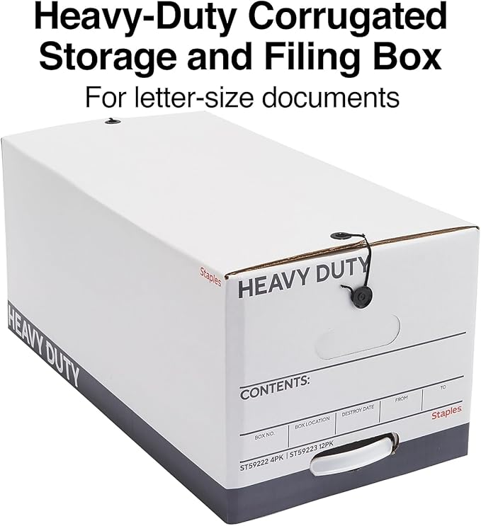 STAPLES Storage & Filing Box, Heavy-Duty with Handles & String-Button Lid, Letter Size Documents, Stackable, 4-Pack, White/Gr