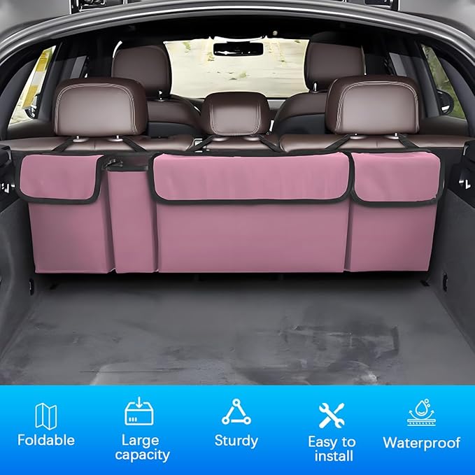 Car Trunk Organizer with Lid, Large Waterproof Vehicle Backseat Hanging Storage Bag with 4 Pockets & Adjustable Straps, Colla