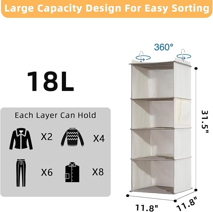 2 Packs Hanging Closet Organizer, 4-Shelf Closet Organizers and Storage with Side Pockets, Collapsible Hanging Shelves for Cl