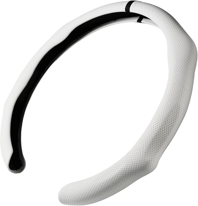 Quick Install Sporty White Perforated Nappa Leather Steering Wheel Cover with Black Top Stripe for Tesla Model Y White Trim