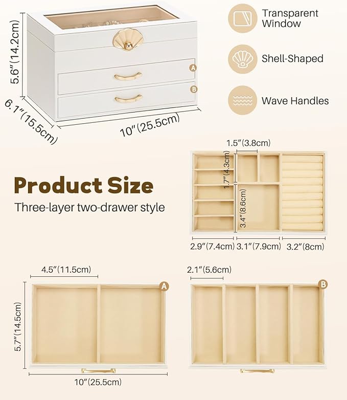 Enthralite Jewelry Box with 2 Drawers: Display Organizer for Earrings Necklaces - Gift for Girls Women (White)