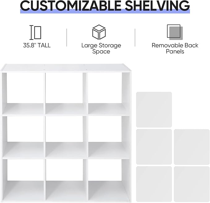 SUPER DEAL 9 Cube Storage Organizer 11 inch Cube Storage Shelf 3 x 3 Wood Bookcase Display Bookshelf with 5 Removable Back Pa