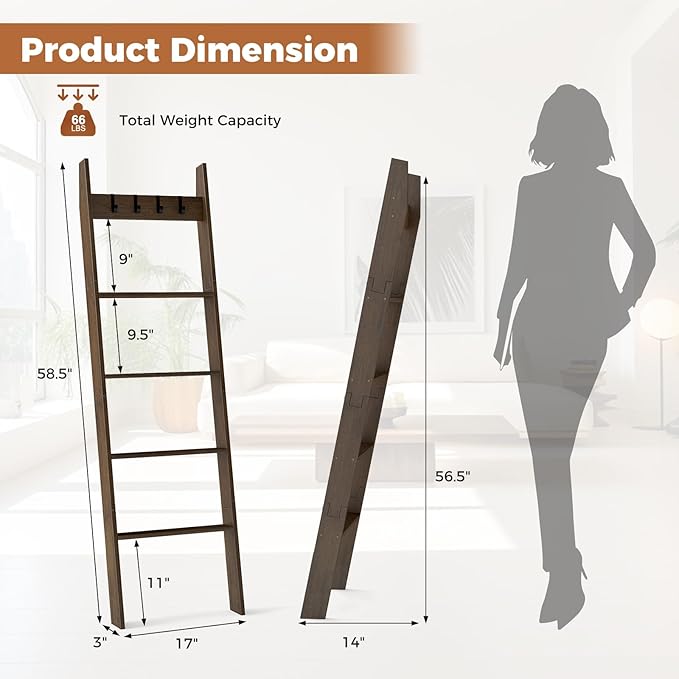 GOFLAME 5-Tier Blanket Ladder, 58.5” Bamboo Decorative Ladder Shelf with 4 Removable Hooks and 4 Deep Rungs, Wall Leaning Far