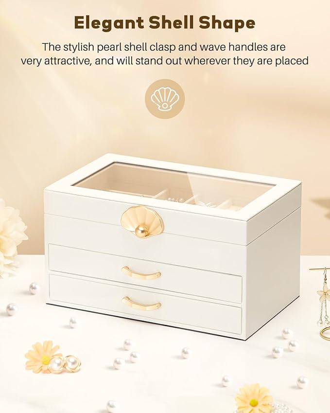 Enthralite Jewelry Box with 2 Drawers: Display Organizer for Earrings Necklaces - Gift for Girls Women (White)
