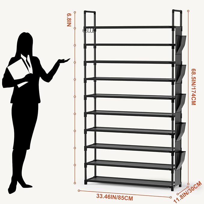 LUKYTOWER Tall Shoe Rack 10 Tier Shoe Racks Organizer for Closet 40-45Pairs,Large Capacity Storage Rack for Shoes with 5Hooks