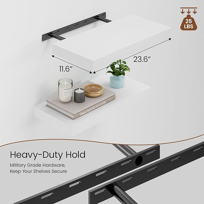 Heimlove 12" Deep White Floating Shelves for Wall, 24 Inch Shelf Bathroom Shelves Set of 2, Mounted Shelves for Books Living 