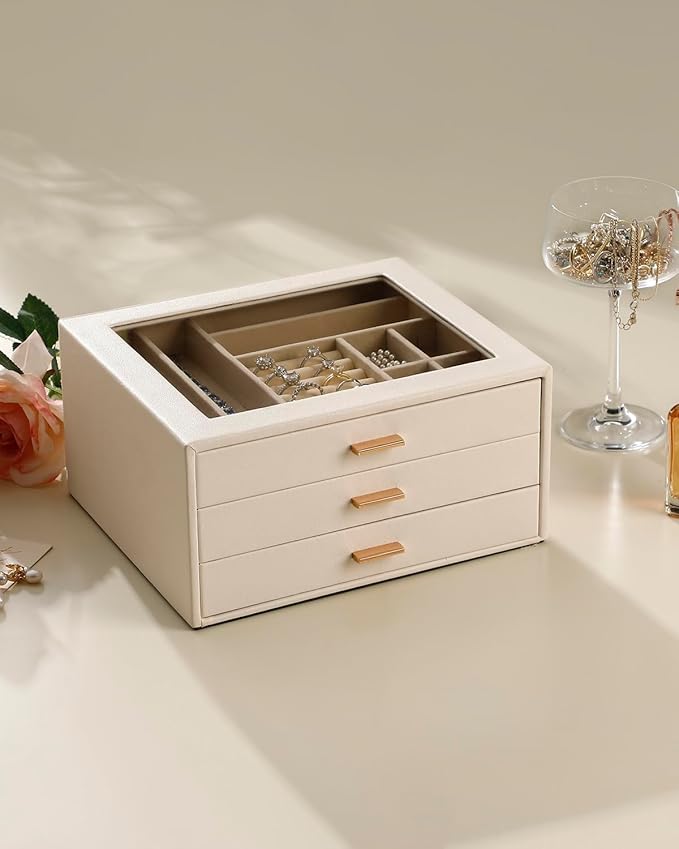 Jewelry Box with Glass Lid,3-Layer Jewelry Boxes for Women,PU Leather Jewelry Organizer with 20-Grid Earring Drawer & Movable