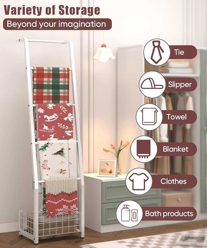 6.3ft Blanket Ladder with Storage Basket, 5 Tier Decorative Ladder Shelf Stand for Living Room & Bedroom, Wall-Leaning Blanke