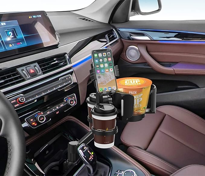 4-in-1 Car Expander with Dual Cup Holder, Phone Holder, 360 Adjustable Base, All Purpose Organizer for Snack Bottles, Drinks
